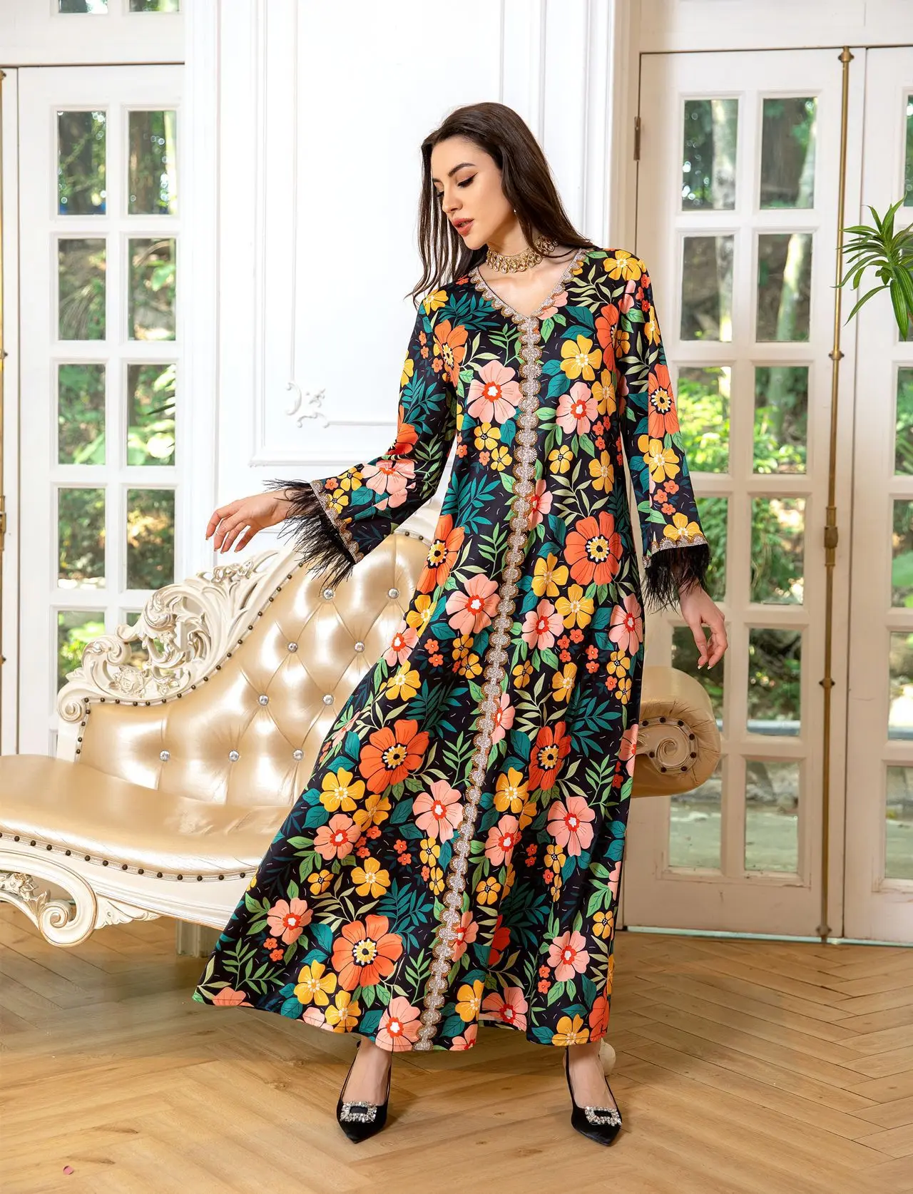 Uni Fashion Floral Print Diamonds Feathers Long Sleeve Abaya Dubai Turkey Muslim Islam Saudi Arabia Kebaya Robe Dress