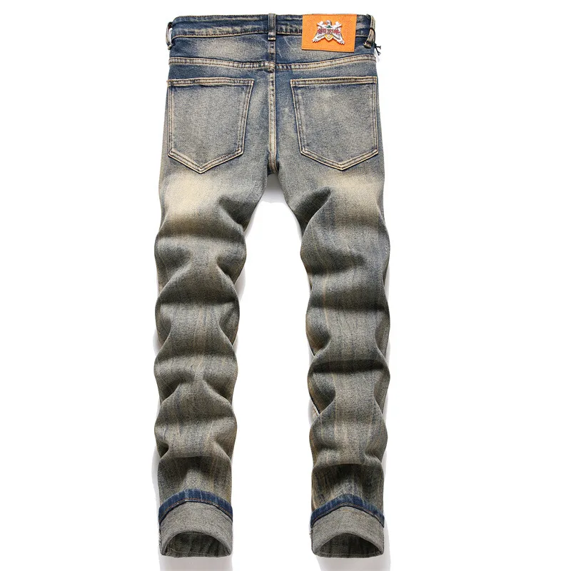 New Autumn 2023 Street Trend Color Matching Jeans Multi-Pocket Ripped Mid-Waist Slim Stretch Pencil Pants