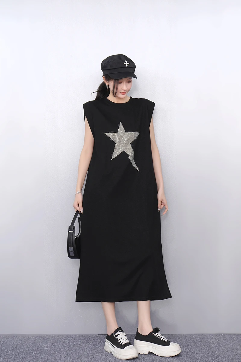 2025 ฤดูใบไม้ผลิฤดูร้อนแฟชั่นElegantพิมพ์หลวมยาวเสื้อยืดผู้หญิงแขนกุดสุภาพสตรีJ1078