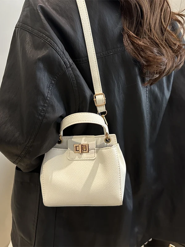 Fashionable Pure Color Handbag Simple Elegant Shoulder Bag Retro Women's Bag Quality Texture Commuter Style Lock Buckle Closure