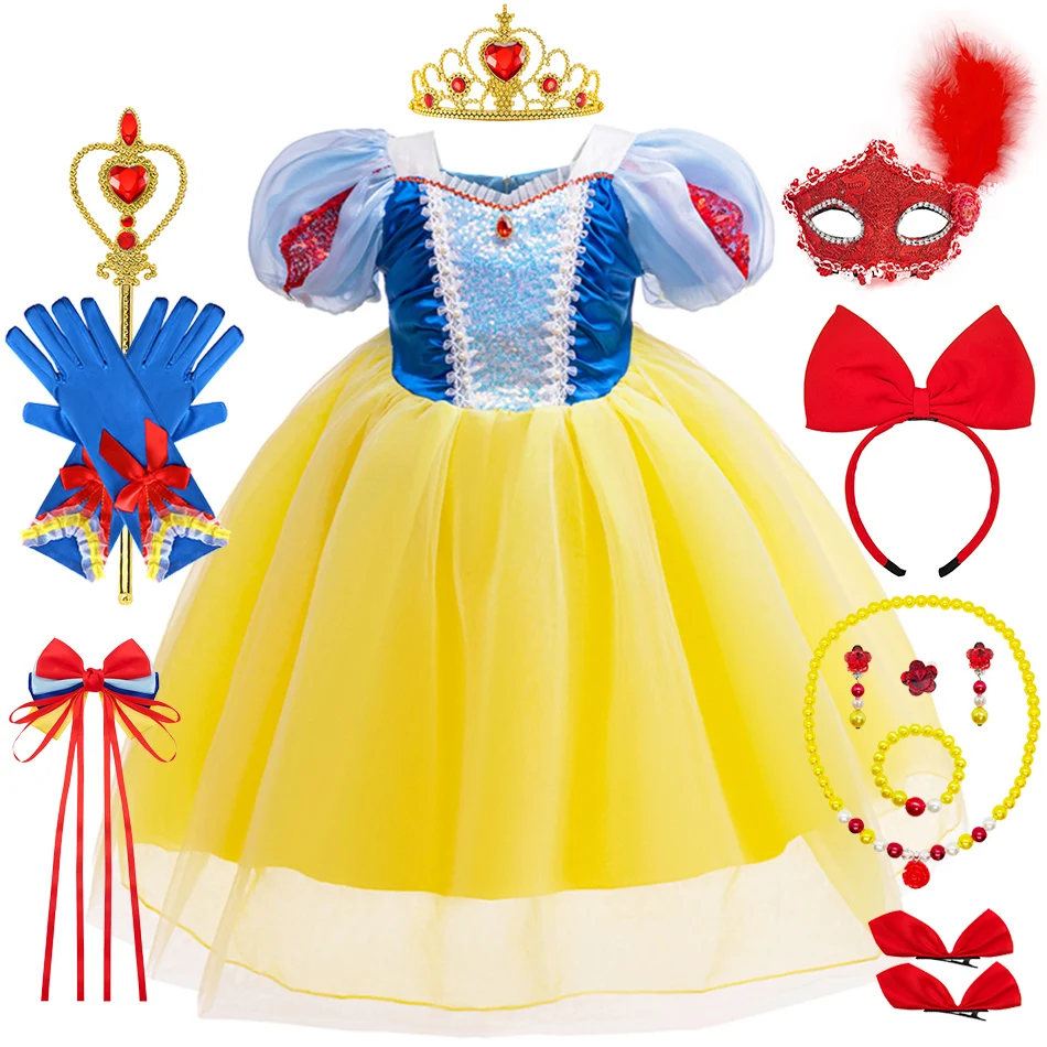 Vestido de princesa branca de neve com lantejoula para crianças, vestido de malha para o Halloween, traje cosplay para crianças, traje de carnaval para meninas