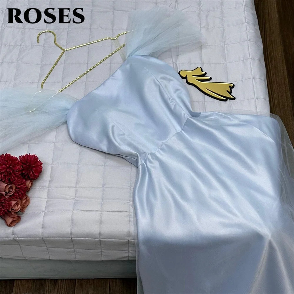 

ROSES Light Blue Evening Gown Off Shoulder Prom Dress Simple Wedding Evening Dress Ruffle Tulle Hem robes de soirée Customized