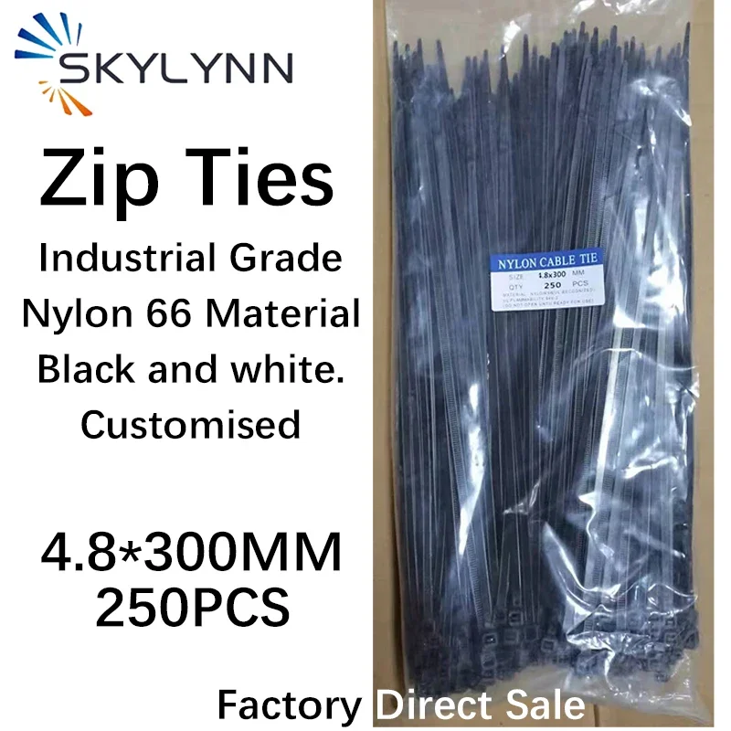 

4.8X300MM Nylon Cable Ties Adjustable Cable Tightening Ring Fibre Optic Patchcord Plastic Self-Locking Ties Black White 250PCS