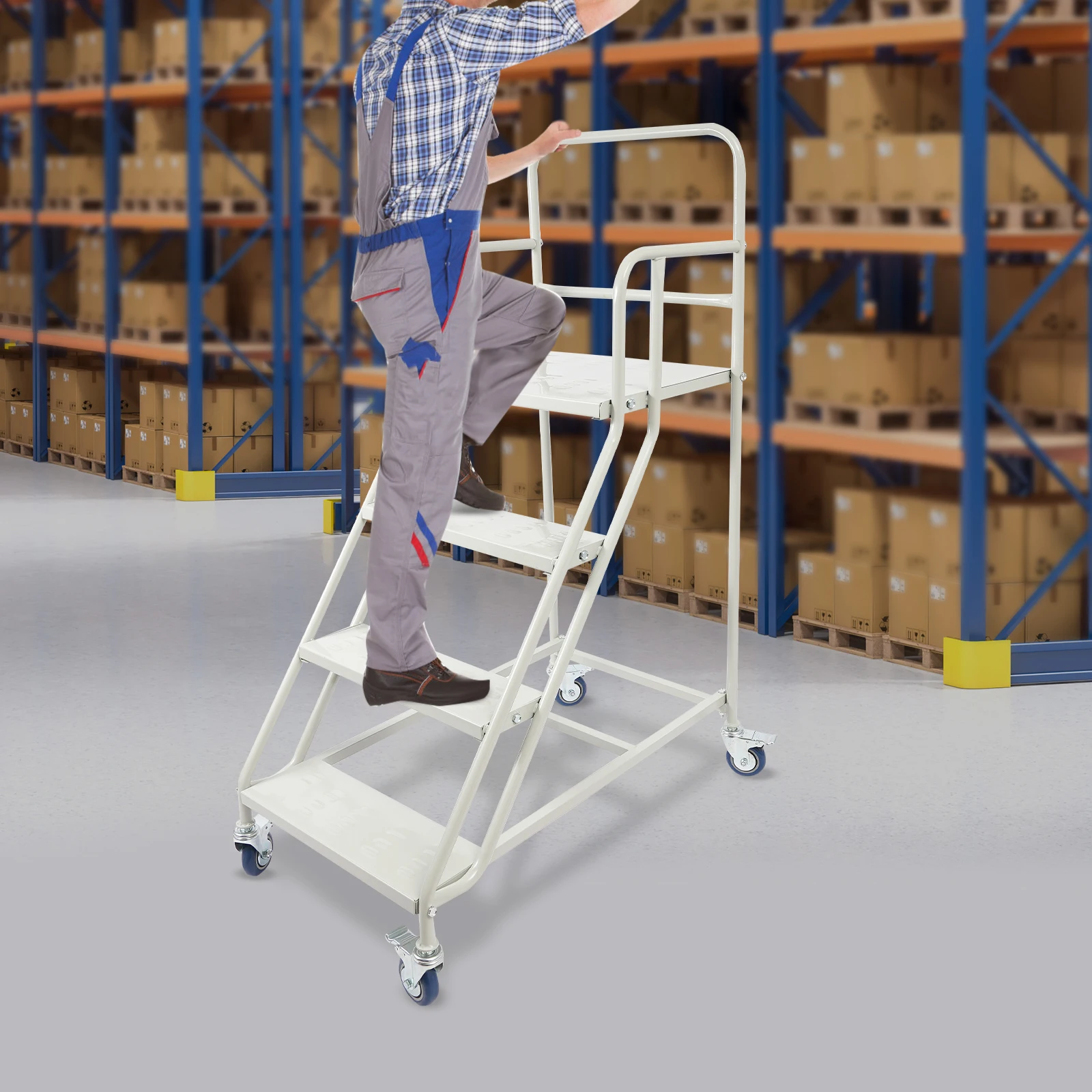 Heavy-Duty 4-Step Stair, High Load-Bearing Warehouse Ladder, Anti-Slip Mobile Step Ladder with Brake Wheel, Cold-Rolled Steel Elevation Platform with Guardrail for Warehouse Supermarket Home