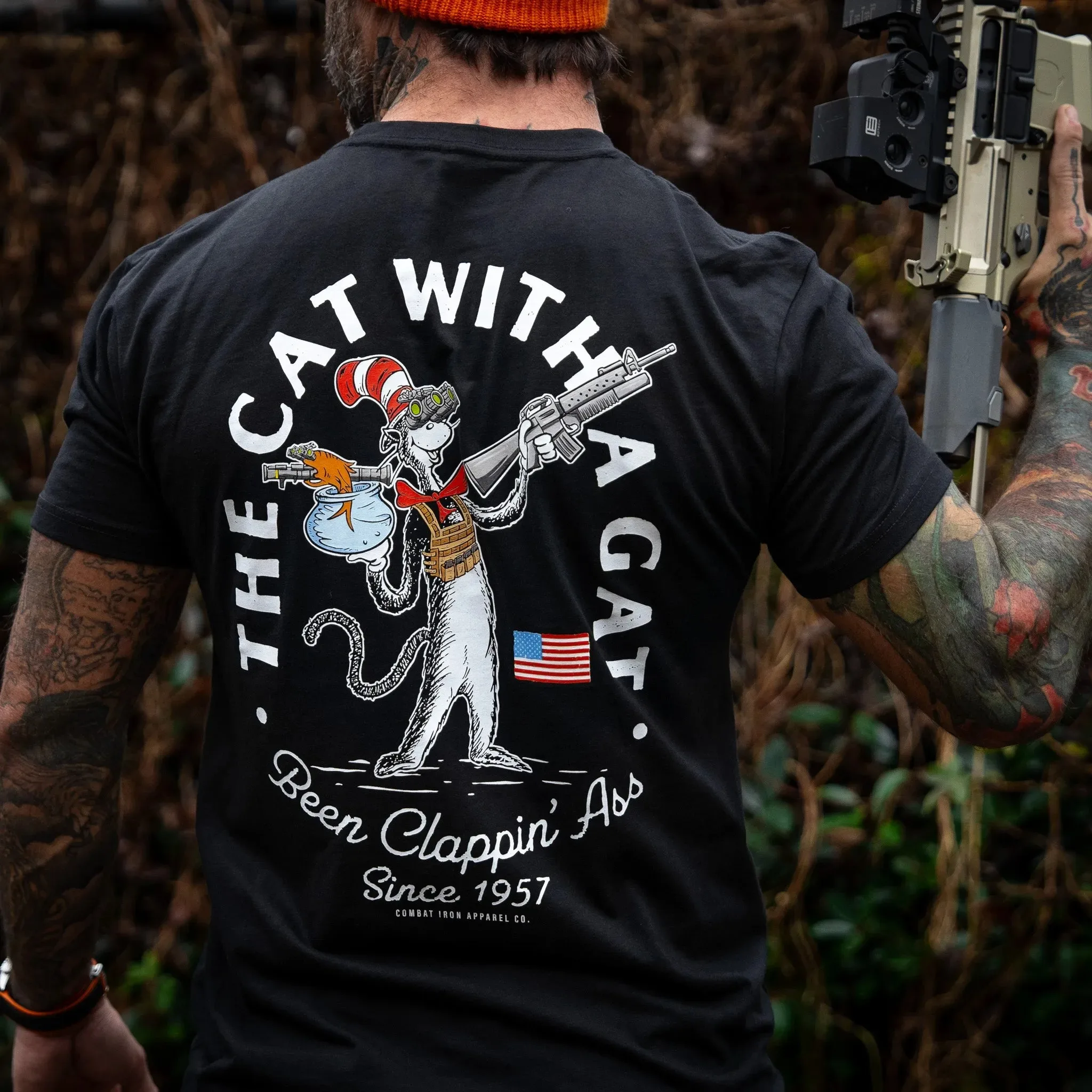 The Cat with A Gat Remix Men's T-Shirt - Combat Iron Military T-shirt - Suitable for Sports Wear Pure Cotton