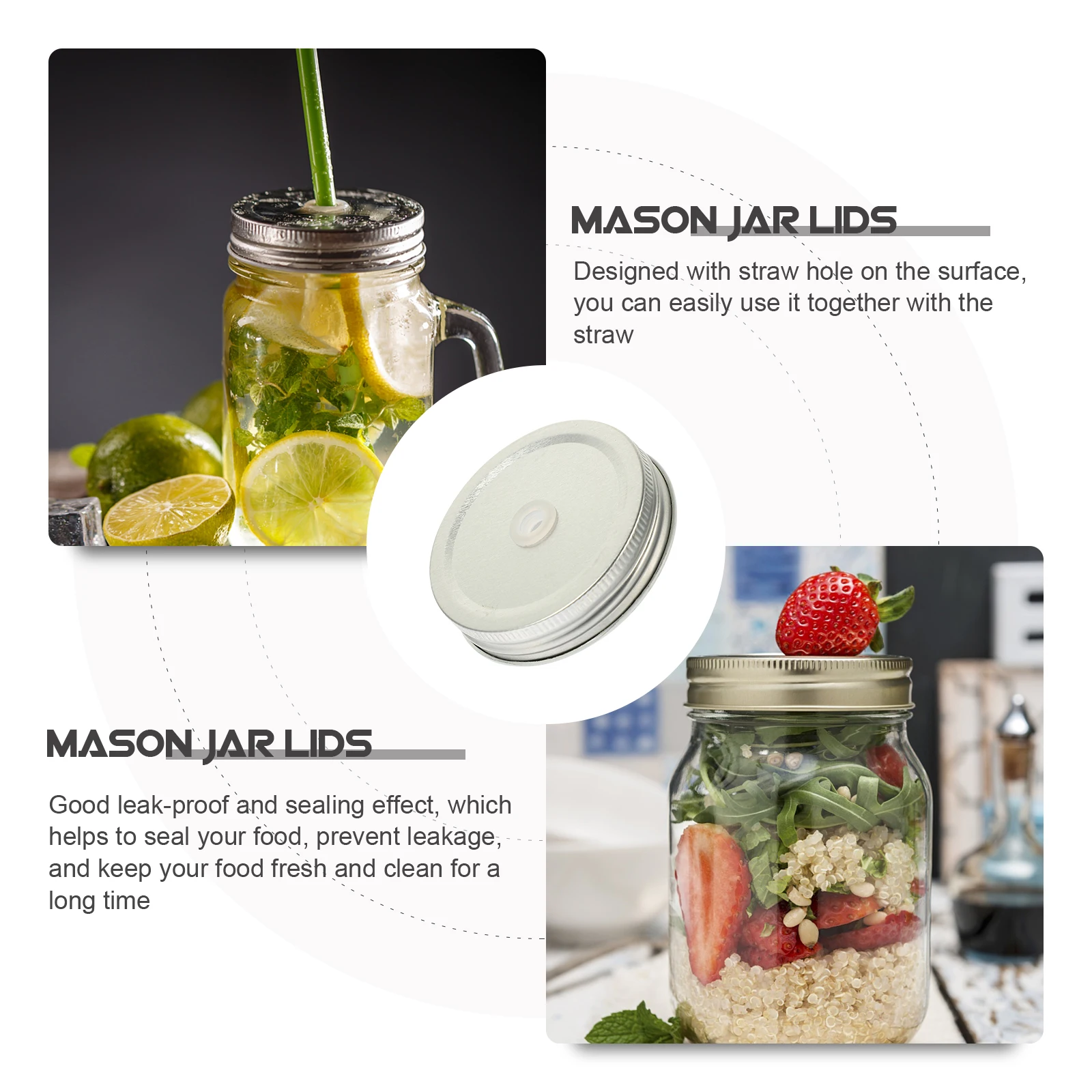

12 Pcs Mason Jar Lids Straw Hole Covers Secure Canning Caps Reusable Leak Proof Food Sealing Long Storage Kitchen Bar