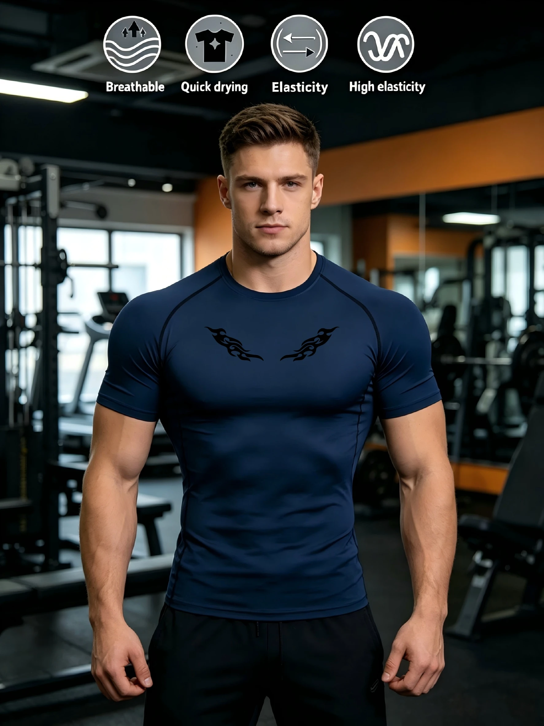 T-shirt de course à compression pour hommes, imprimé, fitness, manches courtes, entraînement, jogging, vêtements de sport, séchage rapide