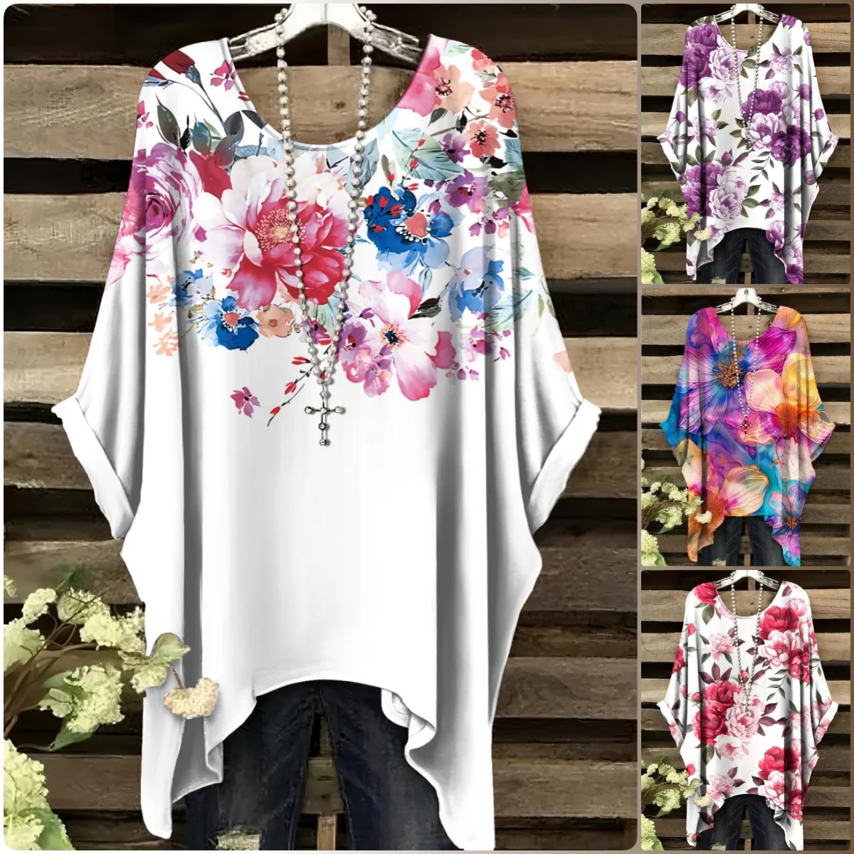 

Женская футболка в богемном стиле для отпуска с ярким цветочным 3D-принтом, элегантным круглым вырезом, длинными рукавами и рюшами по подолу