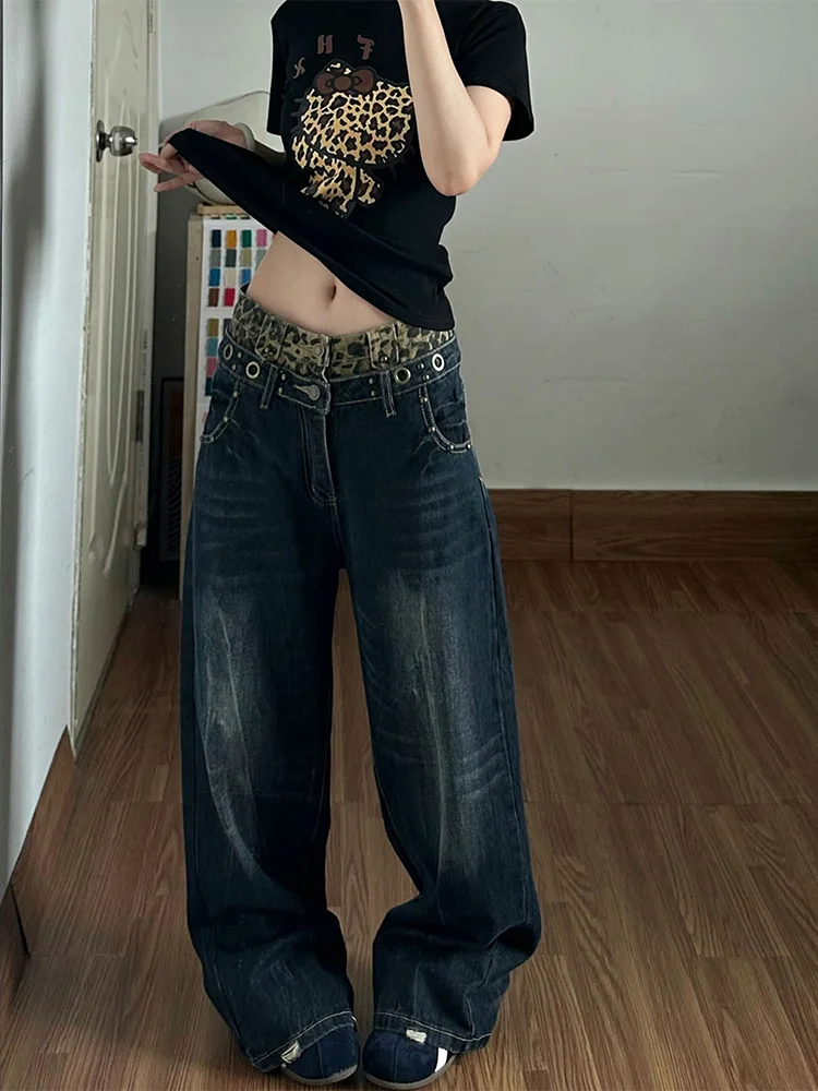 plus Size American Retro Leopard Print High Waist Straight Leg Denim Pants Women Loose Wide Leg Long Trousers Autumn New Design