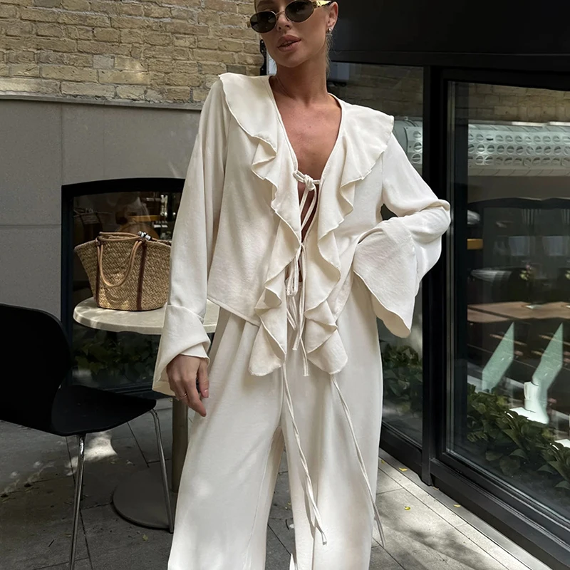 Trendy Womens Two Piece Set V Neck Long Sleeve Tee High Waist Wide Leg Pants Lace Up Detail Casual Loose Suit Solid Color