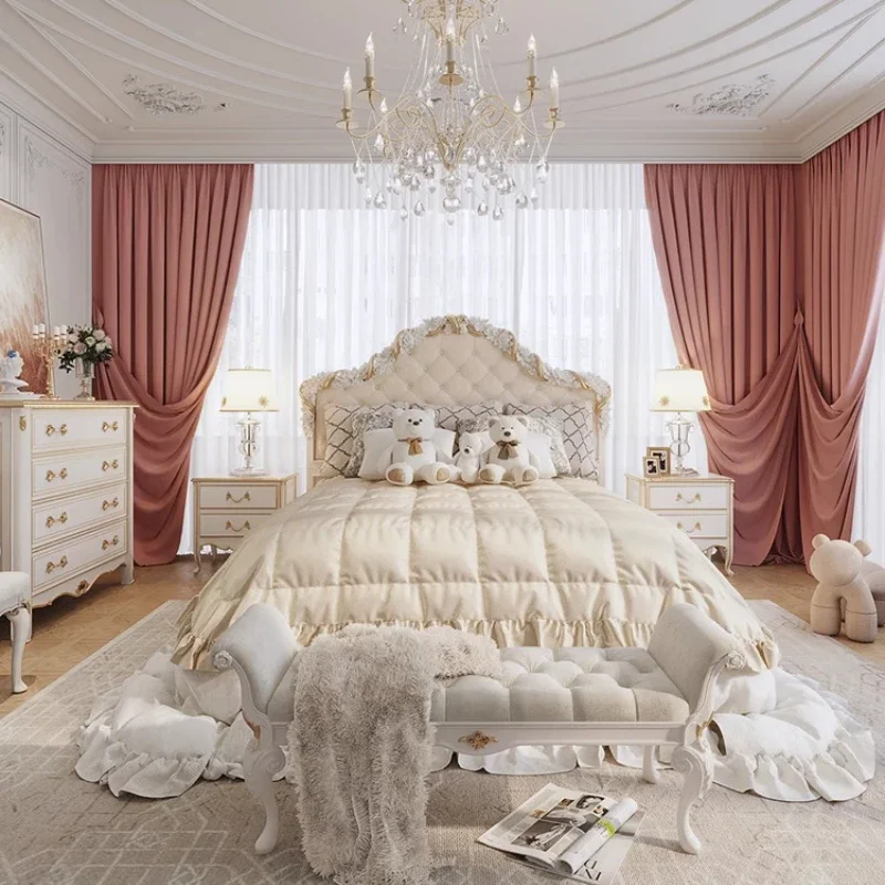 Light Luxury Modern Bed Solid Wood French Design Classic Fashionable Bed Confortable Headboard Cama De Casal Bedroom Furniture