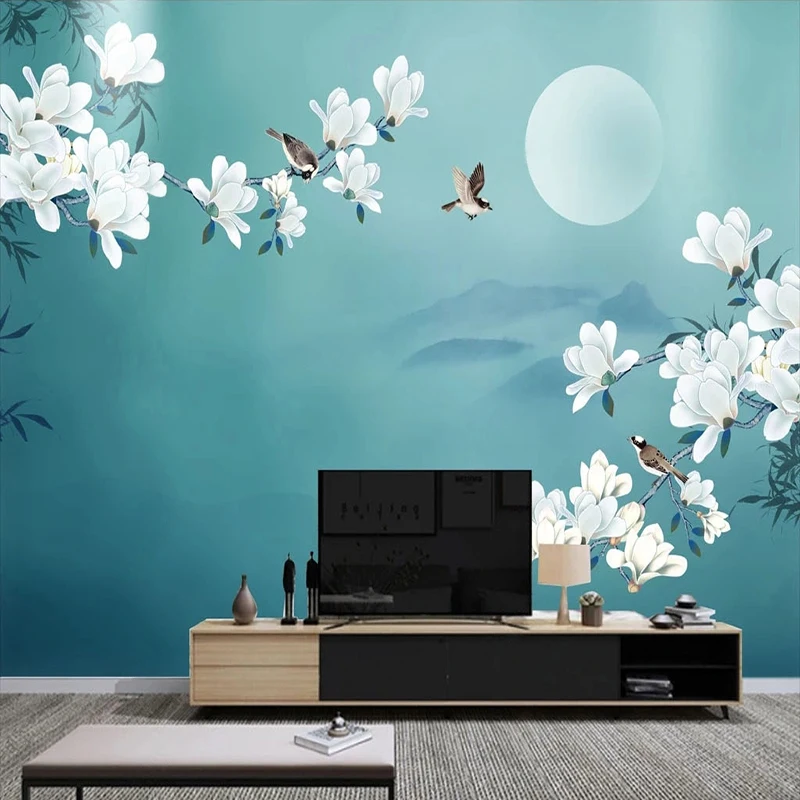 Custom 3D Mural Oriental Style WallPaper Landscape Moon Flower Bird Wall Painting Home Decor Papel De Parede Infantil Bedroom