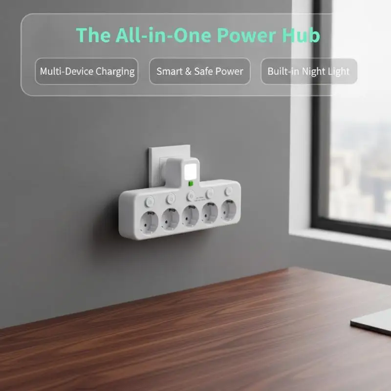 EU Plug Power Strip With Switch & Night Light, AC Outlets + USB + Type-C Port, Household Power Distribution Socket