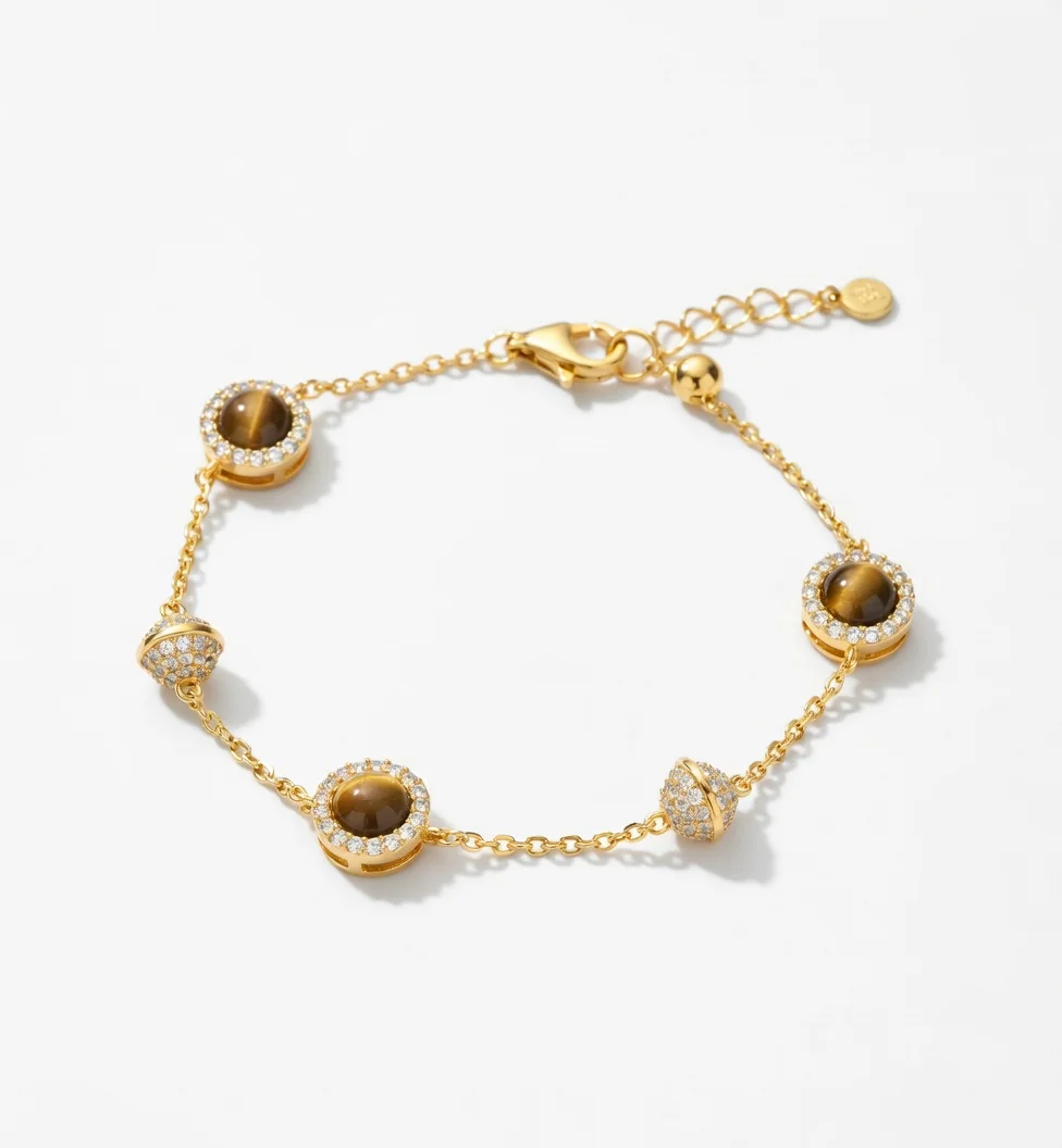 

Gold Tiger's Eye Zircon Halo Round Bead Bracelet for Women Planet Charm High-End Fashion Jewelry Set Necklace Bracelet Earring