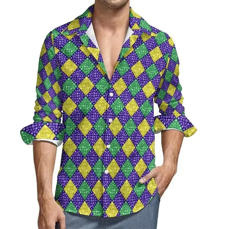 Camisa de manga comprida xadrez listras masculina, gola geométrica em pé, roupa de rua ao ar livre, moda casual