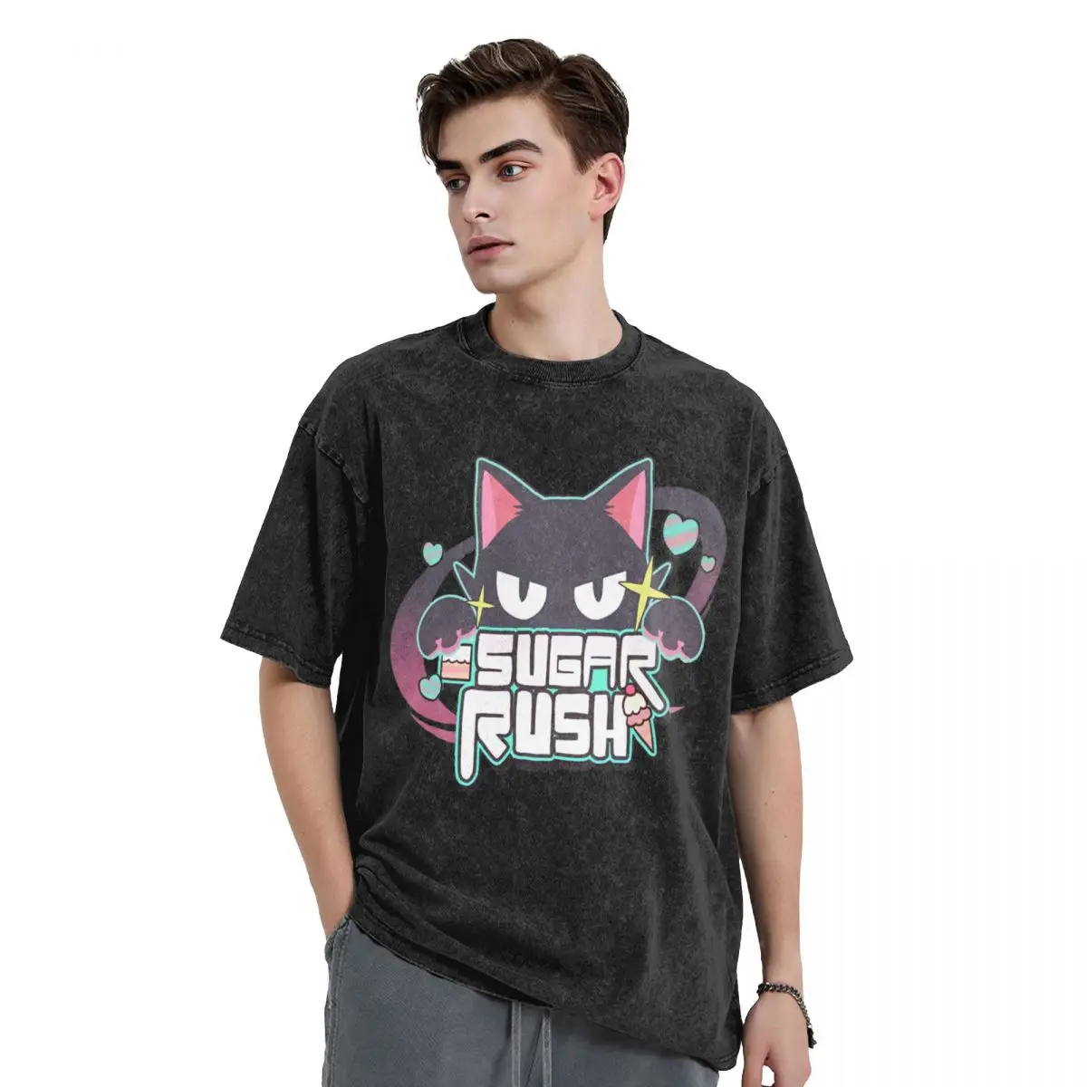 Washed T Shirt Sugar Rush Archives Hip Hop Vintage T-Shirt Street Anime Streetwear Cotton Graphic Tops Tee Shirt Men Women