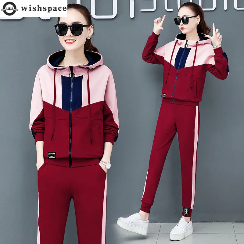 

Sports Set Women's 2023 New Spring and Autumn Season Loose Korean Edition Contrast Panel Hooded Fashionable Top Two Piece Set