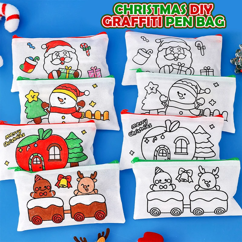 1 Pcs Creative Cartoon Christmas Theme Doodle Pencil Bag Student Large Capacity Stationery Storage DIY Pencil Box Gift