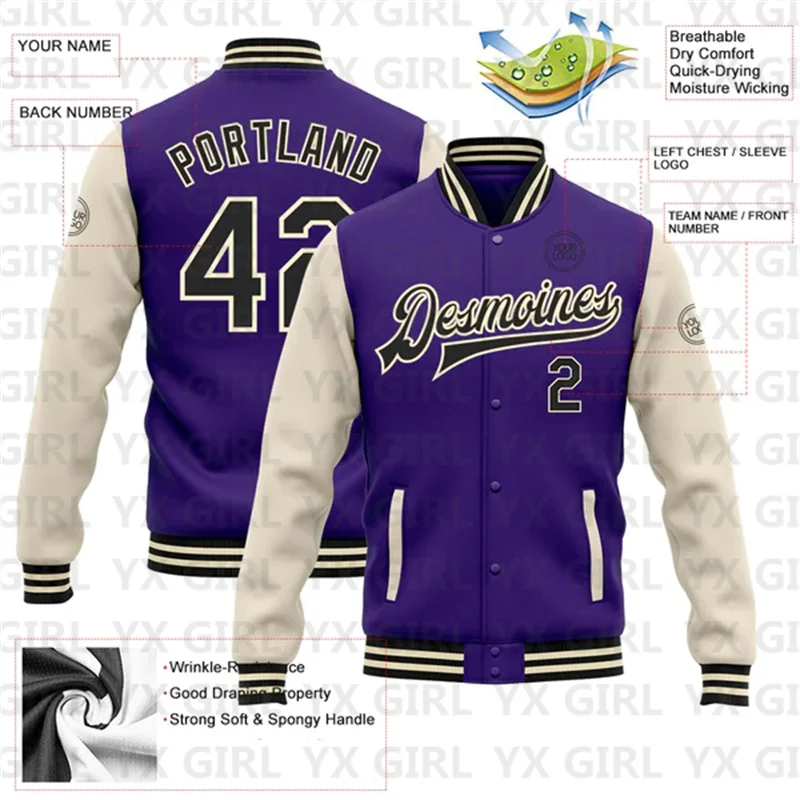 Custom Purple Black-OR Bomber Full-Snap Varsity Letterman Two Tone Jacket 3D Baseball Button Jacket