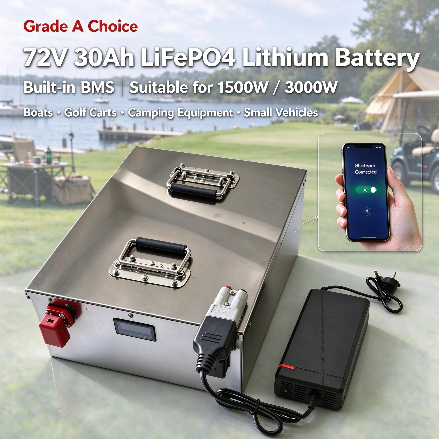 72v 30ah lifepo4 lithium battery BMS suitable for 1500w 3000w boats, golf carts, camping equipment and small vehicles