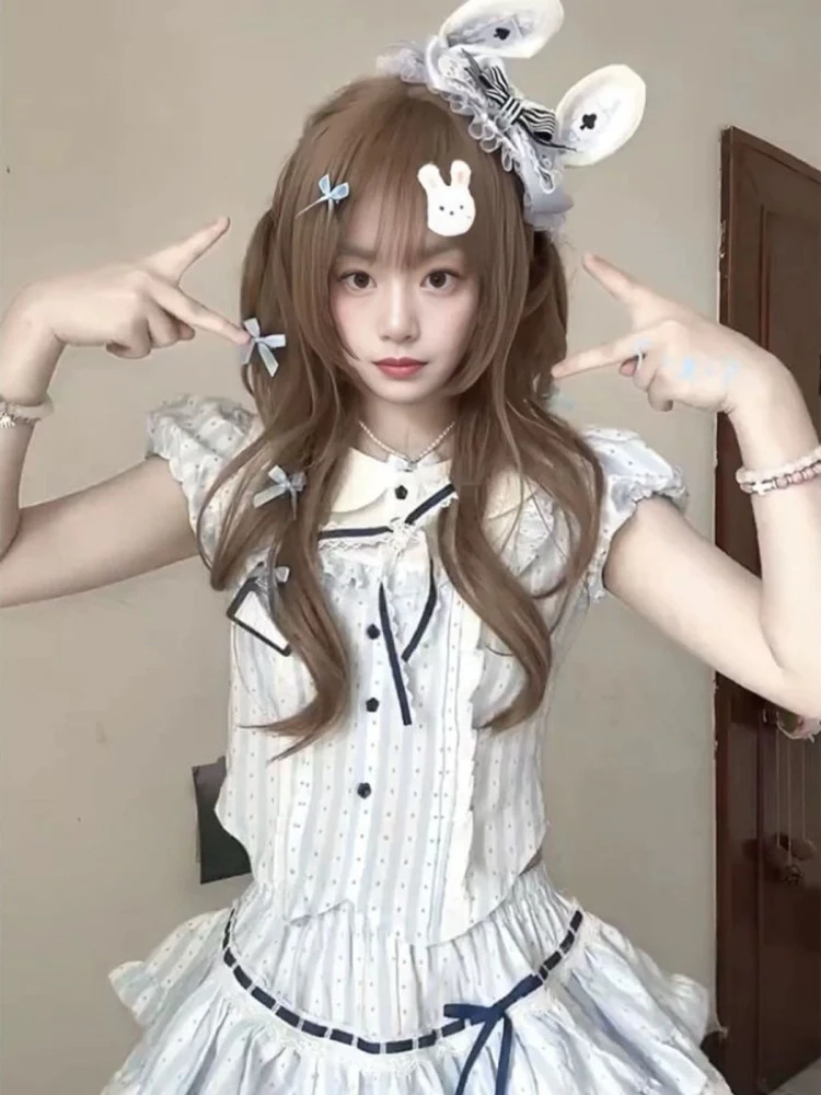 

Комплект из двух предметов в стиле Y2K Harajuku: винтажные топы с коротким рукавом и мини-юбки в стиле пэчворк, милые полосатые костюмы в стиле лолита 2000-х годов