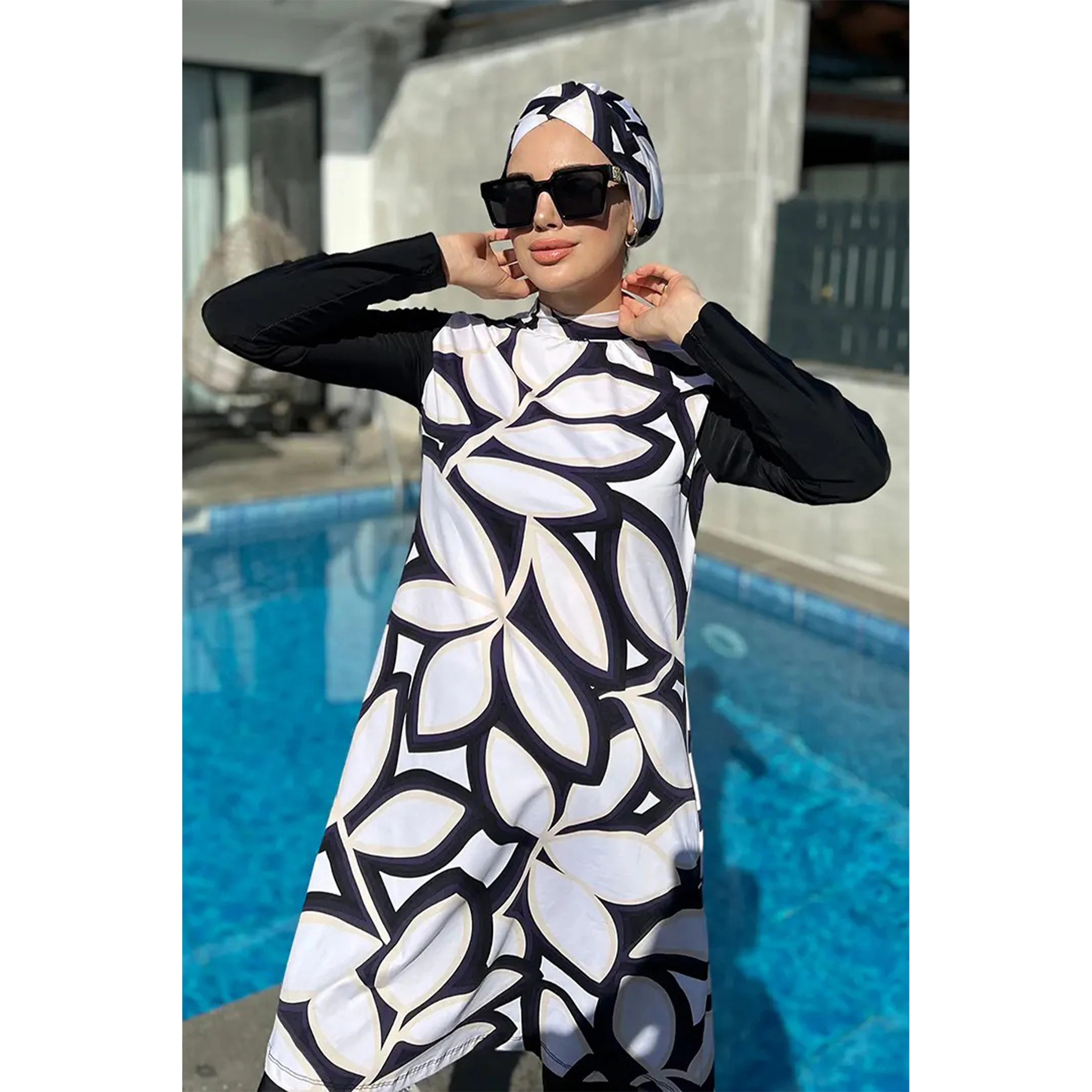 3 Pcs/Set Muslim Swimwear Women\'s Printed Stretch Full Cover Islamic Clothing Hijab Long Sleeve Sports Swimwear Burkini Swimwear