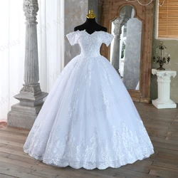 New White Ivory Off the Shoulder Women Gown Princess Wedding Dresses for Brides Lace Train with Lace edge Real Video