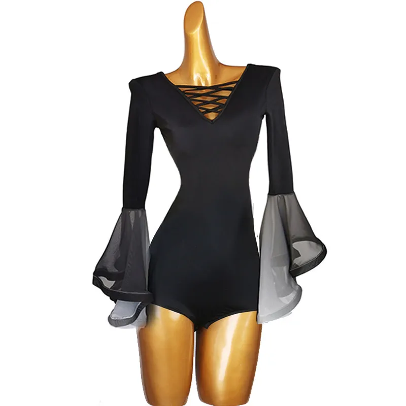 V‑neck chest crisscross lace‑up gradient flare sleeve dance leotard for ballroom practice rehearsal stage performance