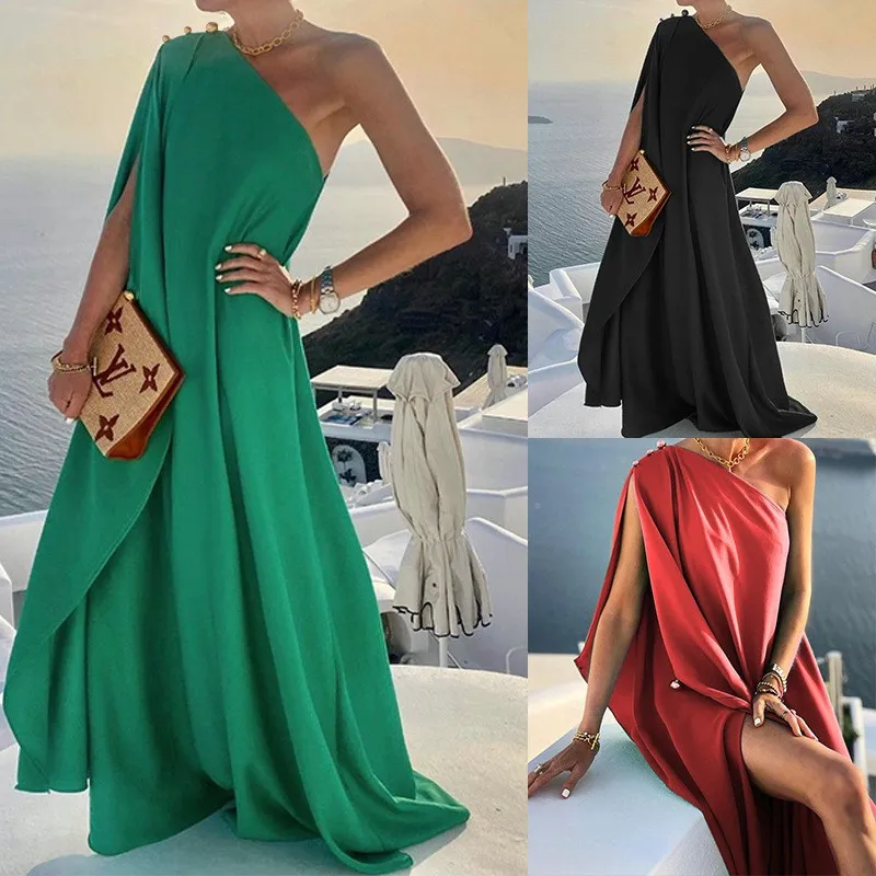 

Sexy Off Shoulder Boho Beach Maxi Dress Women Elegant One Shoulder Loose Party Dresses Summer Fashion Button Solid Dress Vestido