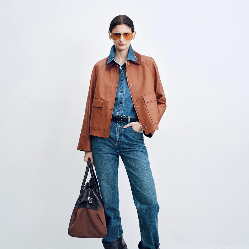 YOLANFAIRY herfst geïmporteerd lamsleer vintage stijl Leer Korte lengte Polokraag goudbruin Leren jas 가 • Allaidad 2025