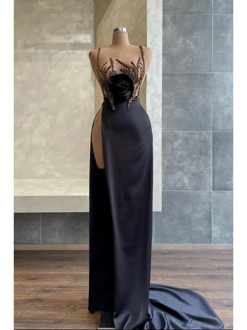 

Sexy High Split Prom Dress Black Women Gown Sweep Train Appliques Sequined Sleeveless Special Evening Party فستان سهرة نسائي