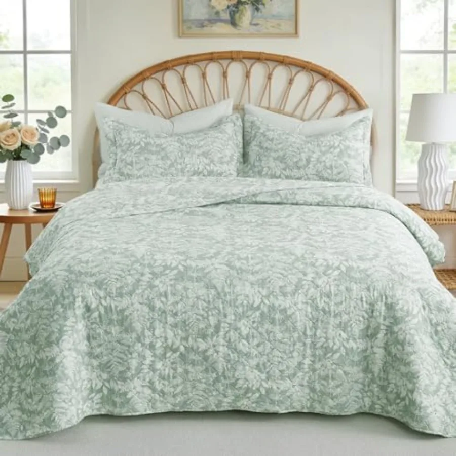 

Комплект покрывал XL Queen 90x96 дюймов, шалфейно-зеленый, с растительным узором, в стиле бохо, для фермерского дома, легкий, двусторонний