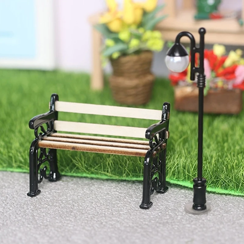 2PCS 1/12 Dollhouse Miniature Wooden Park Bench Street Lamp Suit Fairy Garden Ornaments Outdoor Furniture Model Decor Toys