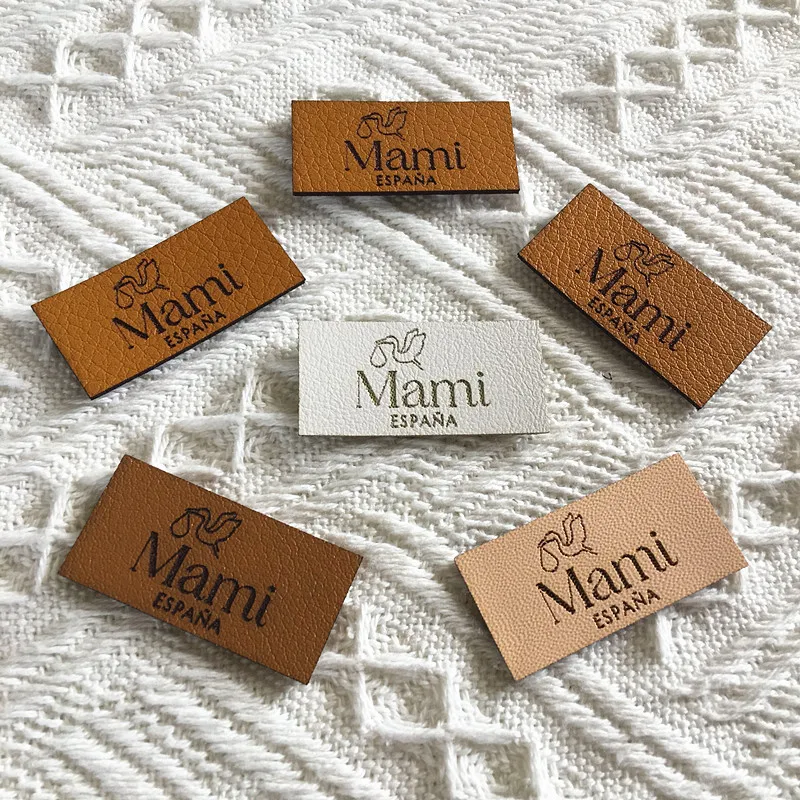 30pcs Sewing leather label customize logo brand Rectangle handmade tag for knitting clothes Laser engrave crochet garment labels