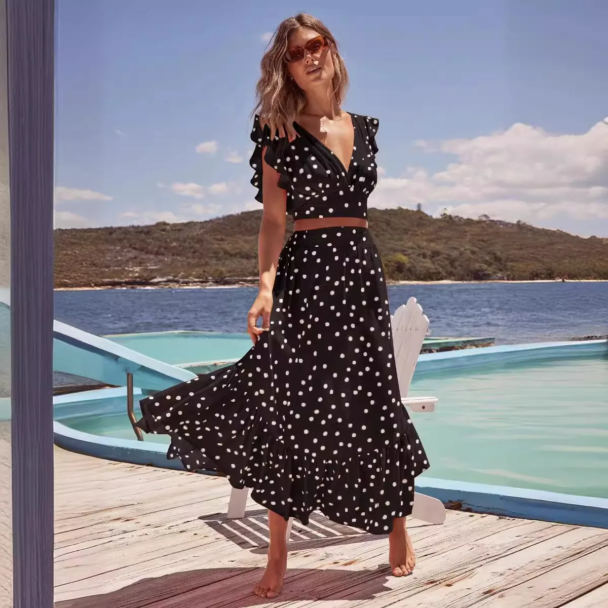 Spring/Summer  Sexy Bohemian Print Dress V-neck Ruffle Sleeve Waist Wrapped A-line Dress Set Women's Dress2024