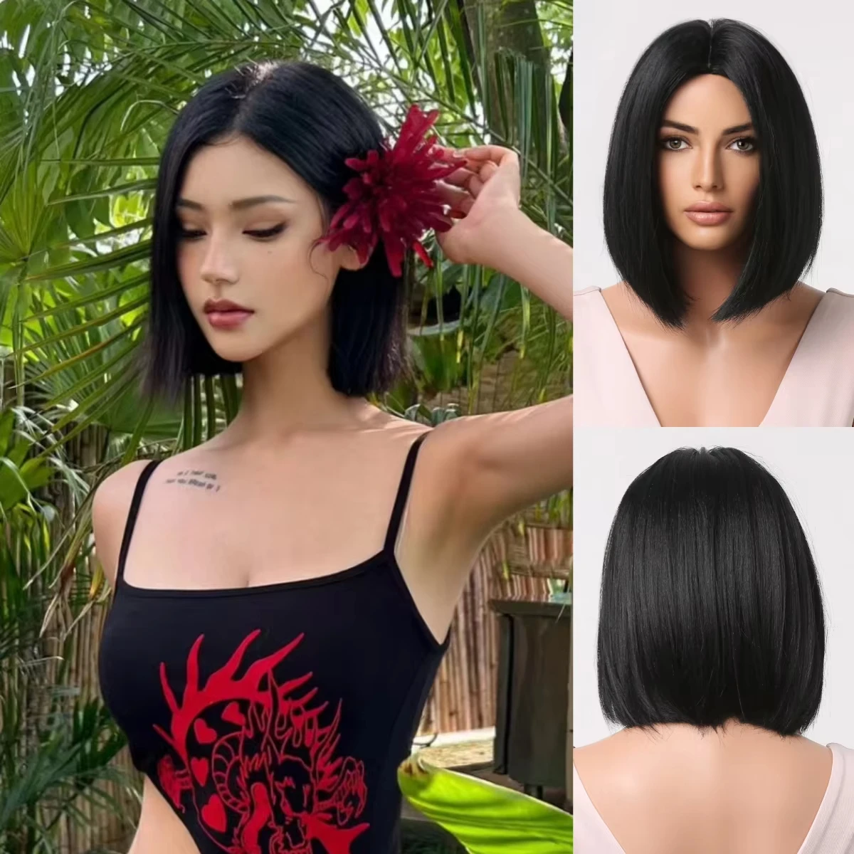 Center-Parted Black Bob Hairstyle Synthetic Wig for Halloween Party Cosplay Wig Daily High-Temperature Hair Accessory