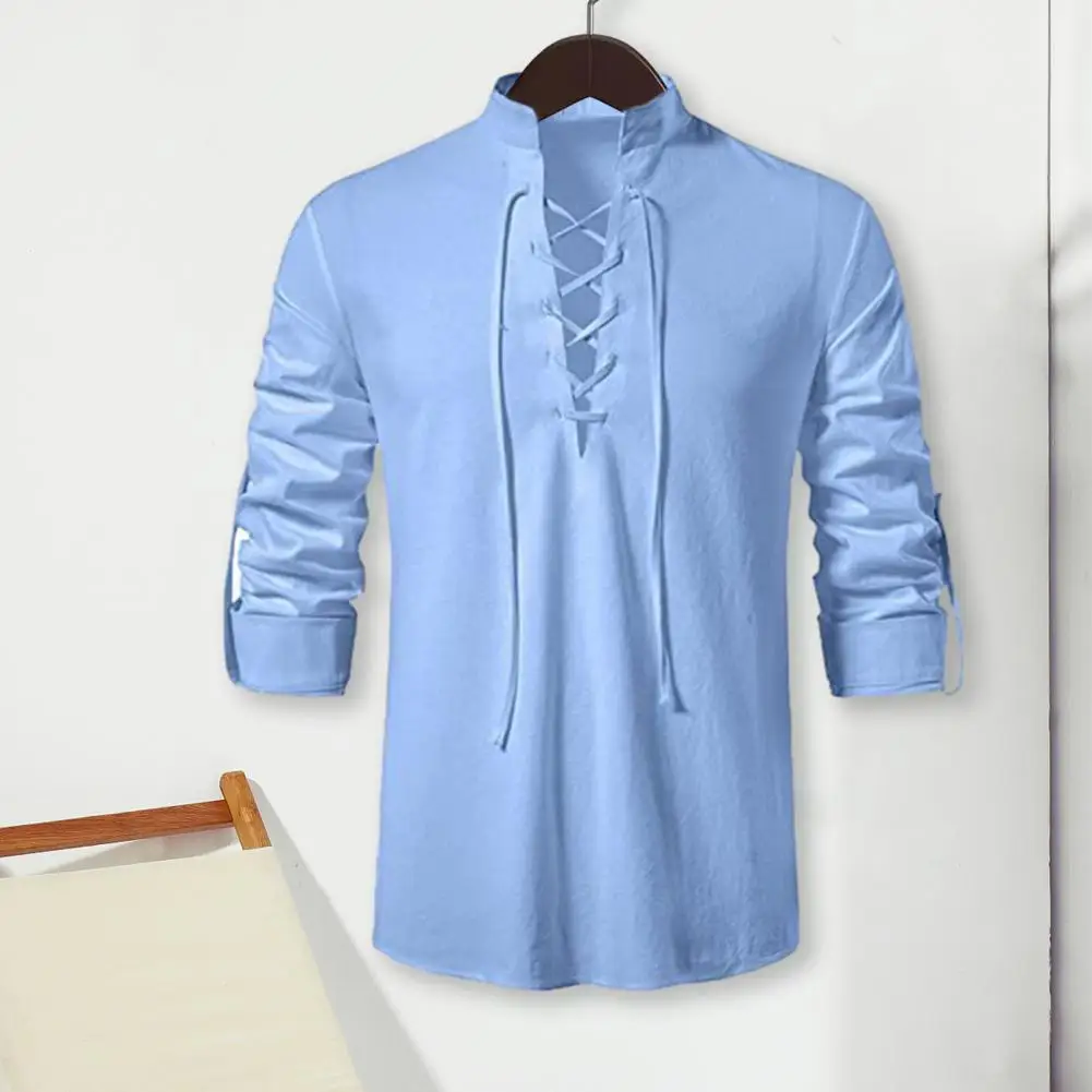 Solid Color Casual Top Versatile Men Shirt Vintage-inspired Men's Slim Fit Tops with Stand Collar Lace-up Detailing for Casual