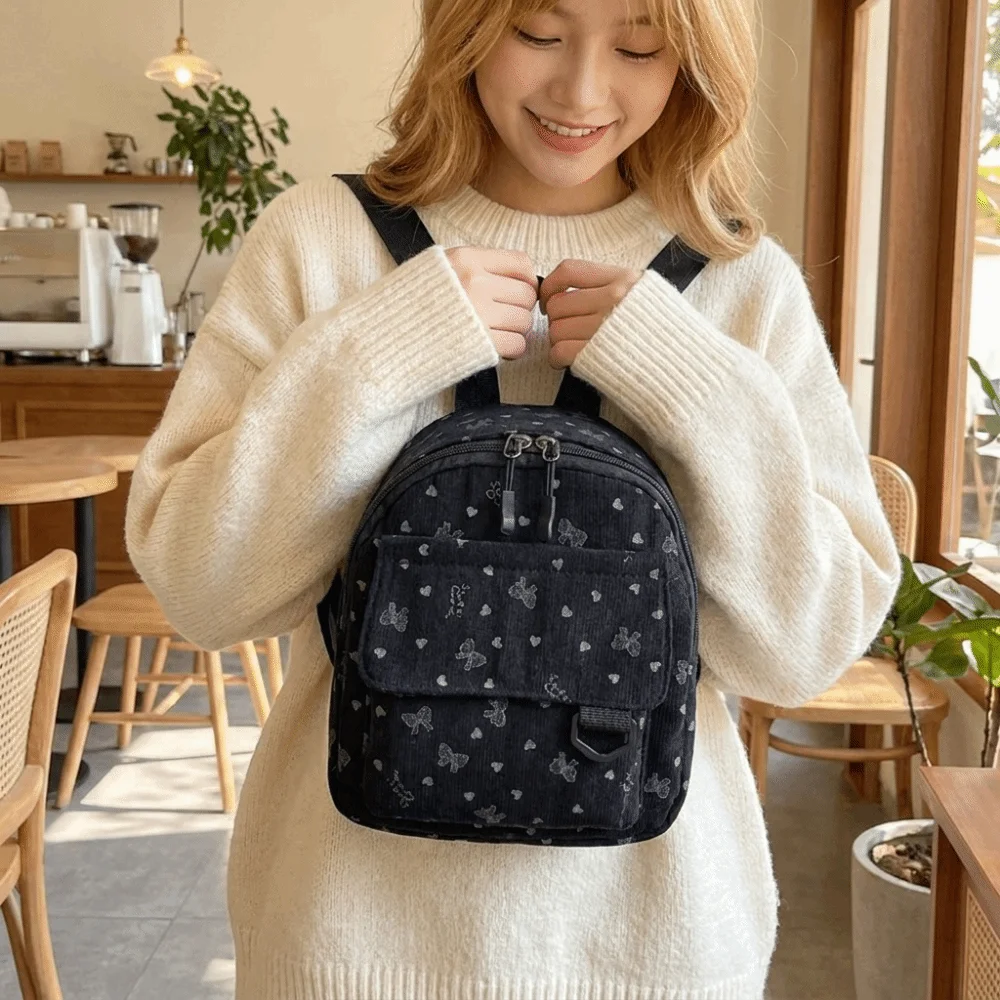 Sweet Corduroy Mini Backpack Heart Bow Print Lightweight Shoulder Bag Zippered Opening Multi-compartment Casual Backpack Daily