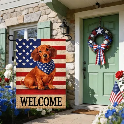 Patriotic Dachshund Puppy Welcome American Flag Garden Flag Burlap, 12x18 XXQ