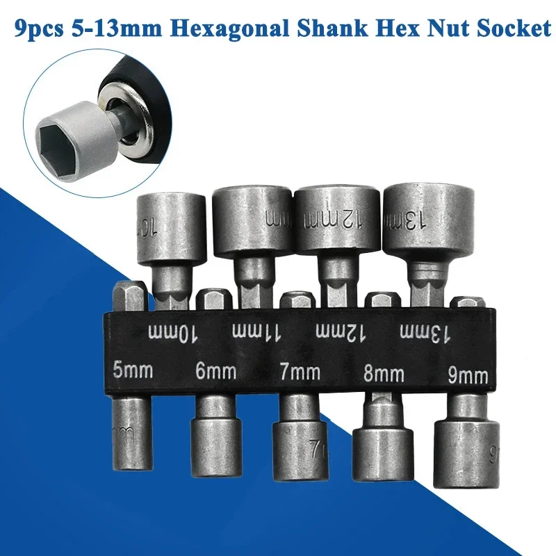 9pcs 5-13mm Hexagonal Shank Hex Nut Socket Screw Set Metric Driver Professional Grade Adapter Drill Bit Tools for Metalwork