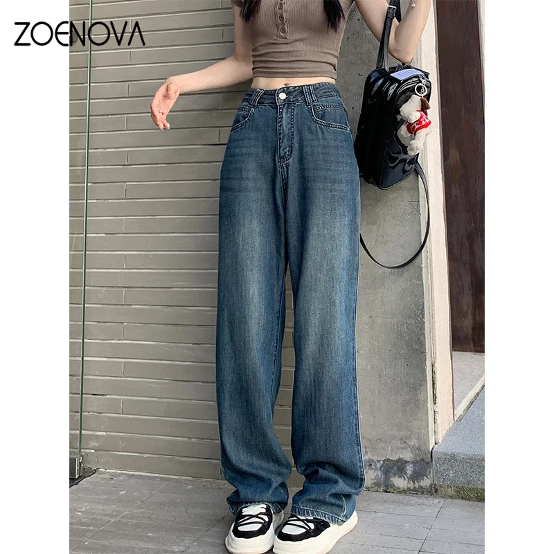 ZOENOVA Maillard 2024 Spring Autumn Fashion Simple Women\'s Jeans Casual Retro Loose Straight Wide Leg Pants Floor Mopping Jean