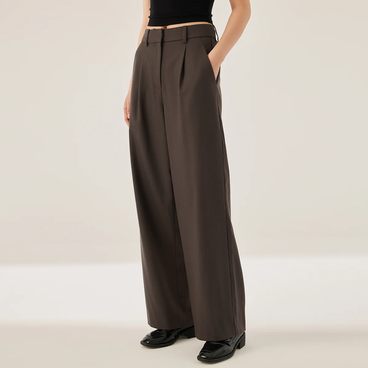 KL9523416 بنطال عالي الخصر واسع الساق من مزيج الصوف للنساء بنطال أمامي مطوي مع جيب #3