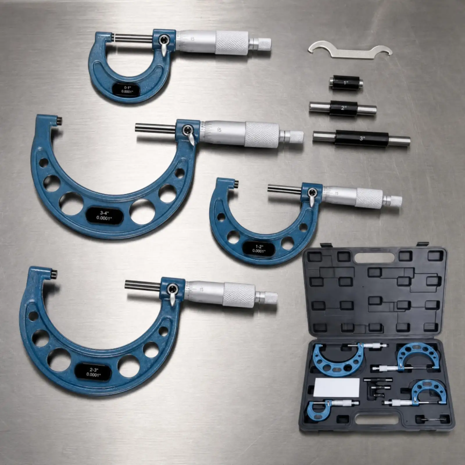 Mechanical External Caliper Micrometer 0-4 Inch Range with Interchangeable Anvils Ratchet Thimble Metal Build for Workshop Use