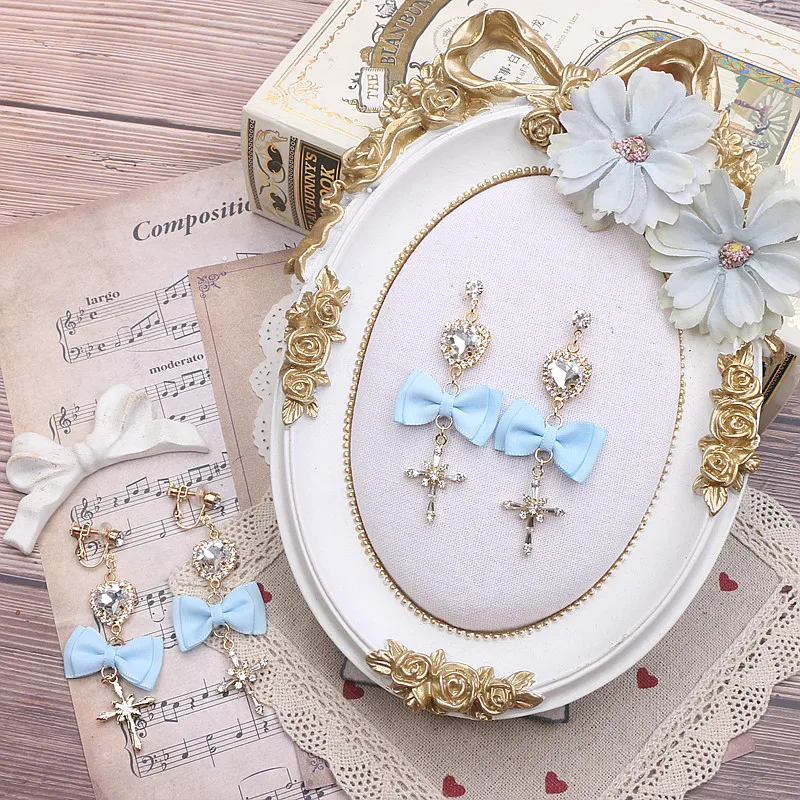 Pendientes de lazo azul claro y suave, Clips para sin piercing en la oreja, pendientes de amor cruzados con diamantes de imitación para mujer, pendientes con aguja de plata 925