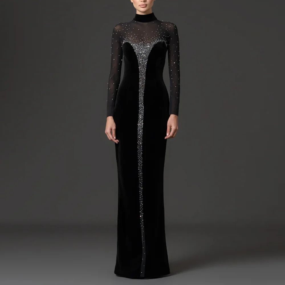 

Luxury Black Velvet Formal Gown Women Long Sleeve Rhinestone High Neck Floor Length Party Dress 2026