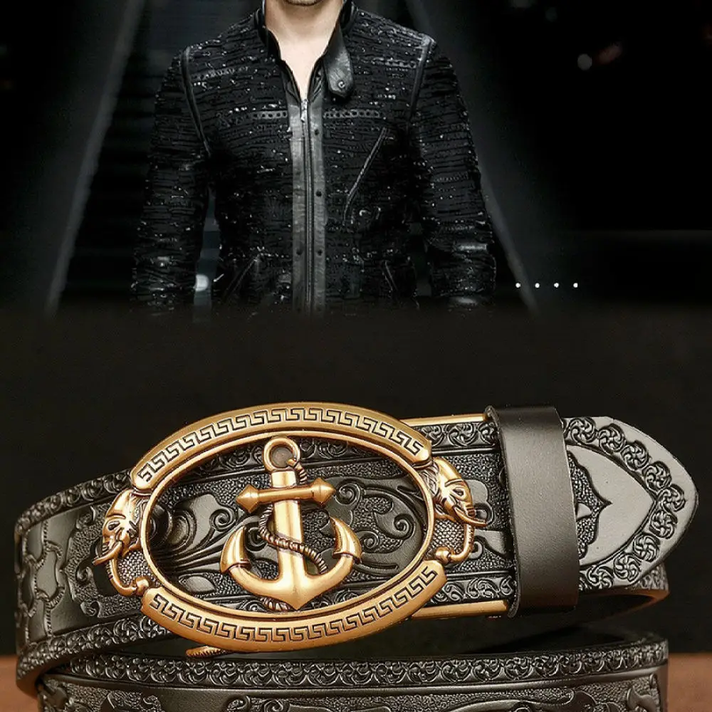 Mens Leather Belt Anchor Automatic Buckle Waistband Vintage Ethnic Style Embossed Carved Strap For Casual Jeans