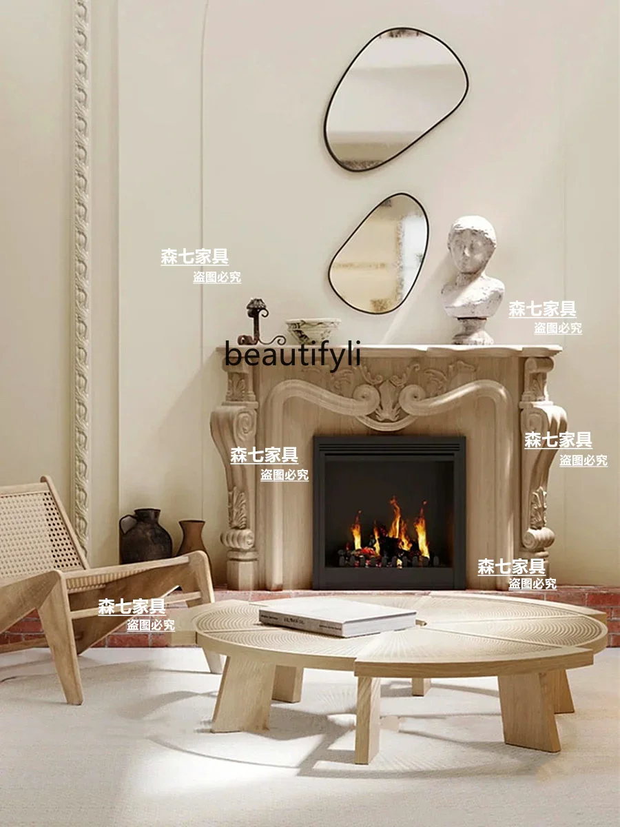 

A48 Solid wood fireplace cabinet European-style carved fireplace living room background wall
