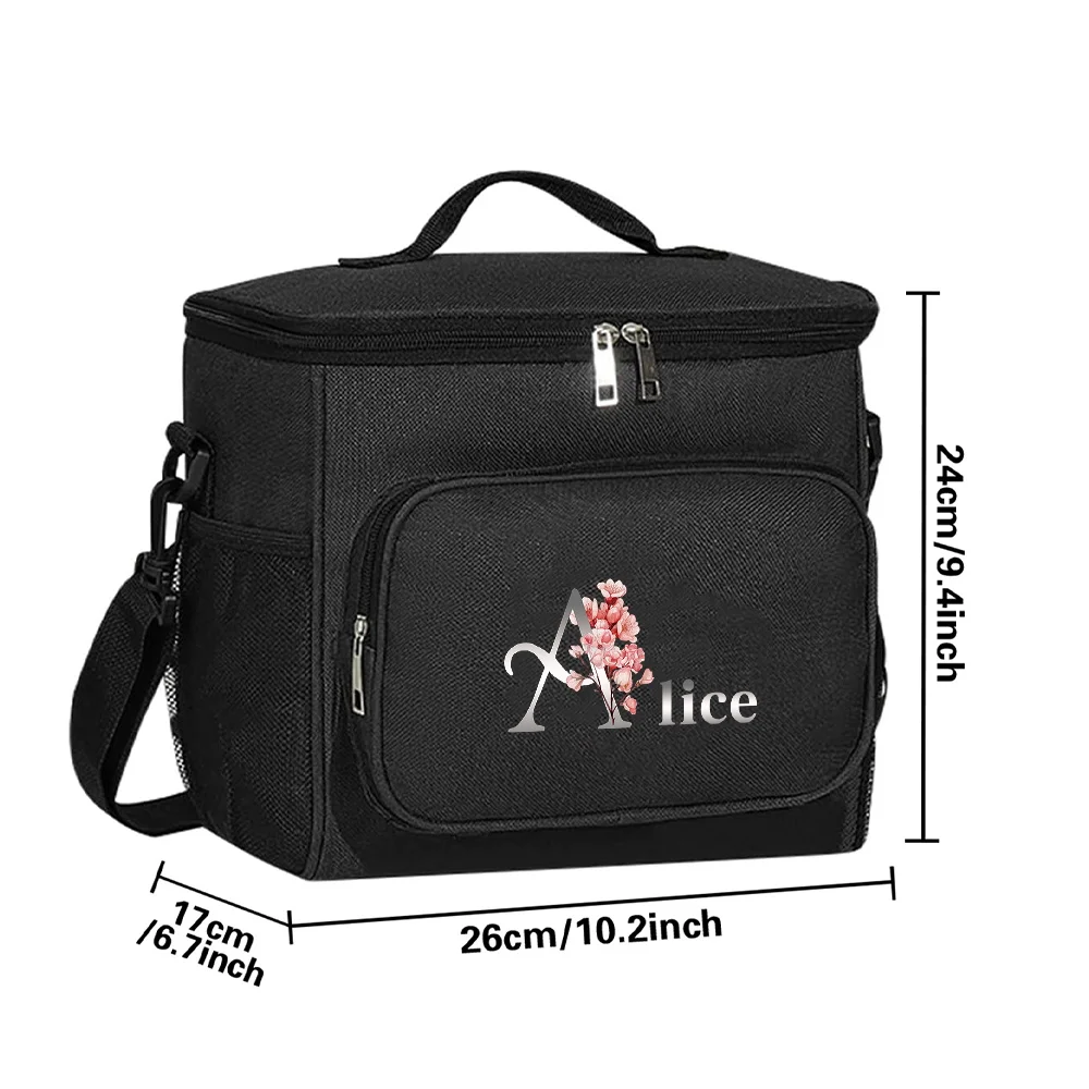 Customized Name Lunch Bag Insulated Handbag Waterproof Camping Storage Box Refrigerated Food Storage Box Silver Letter Pattern