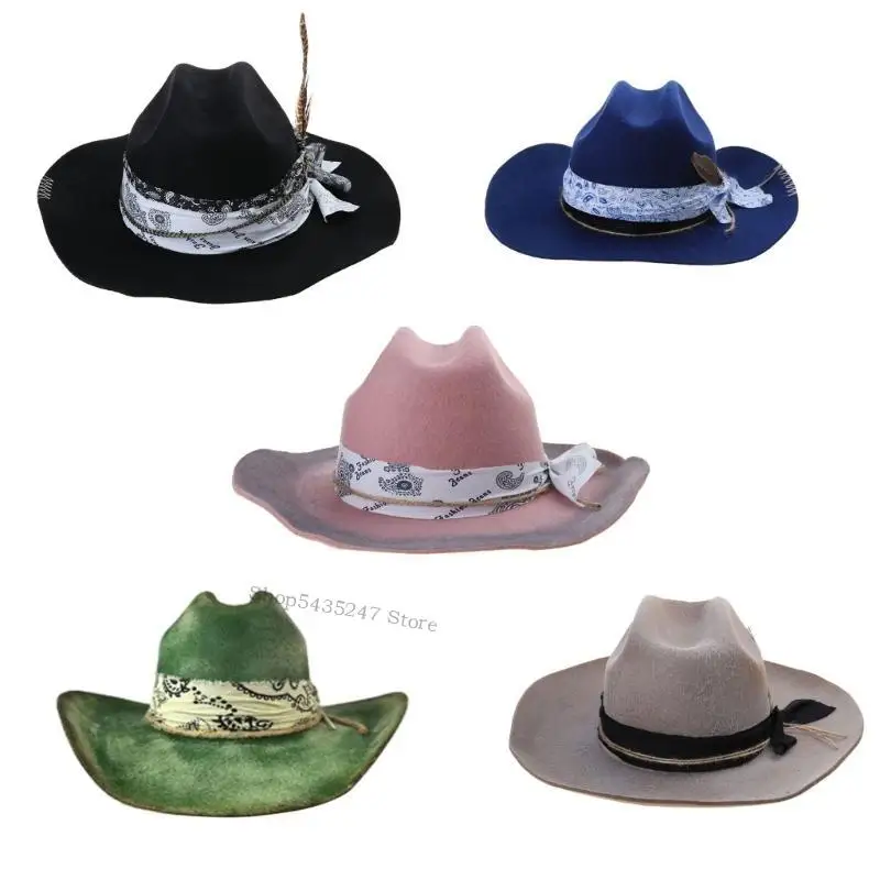 

Vintage Cowboy Hat for Music Festival Party Adult Unisex Distressed Cowgirl Hat Large Brimmed Travel Cap Party Headwear
