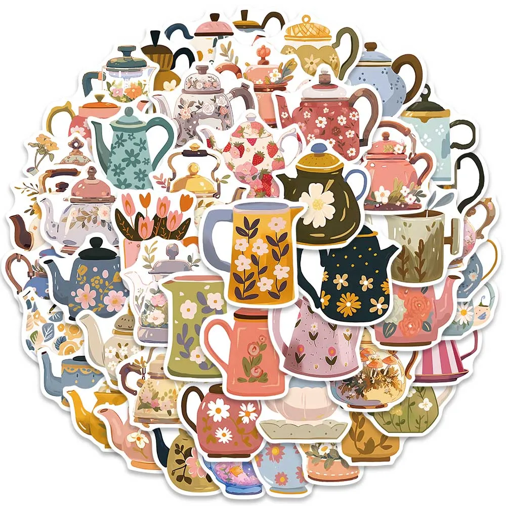 50pcs Cute Cartoon Fresh Flowers Teapot Stickers Vinyl Laptop Decals Luggage Guitar Phone Stationery Waterproof Graffiti